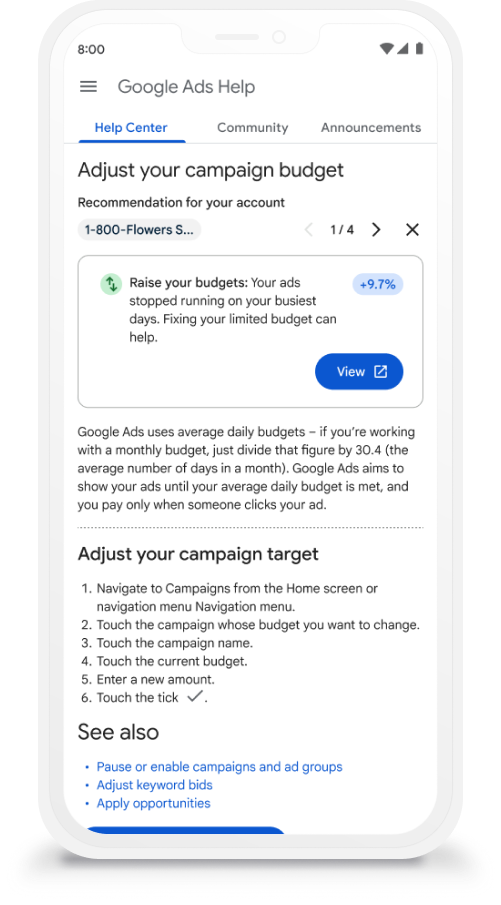 Google Ads Help — contextual recommendation