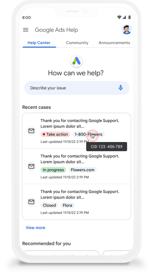 Google Ads Help — multi-account case tracking