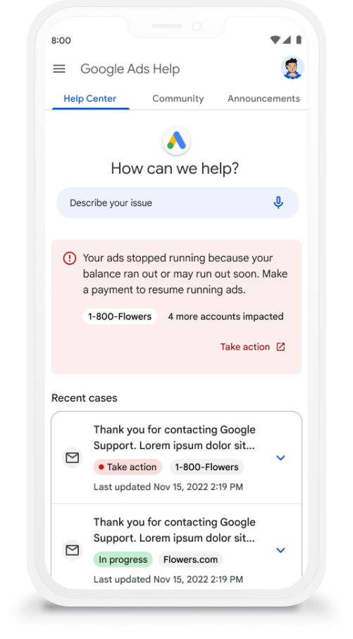 Google Ads Help — proactive account alert