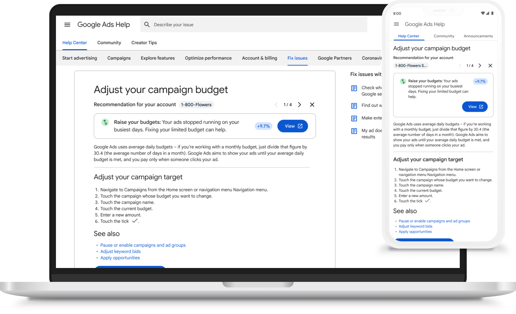 Desktop Help Center with Fix issues sidebar showing account-specific recommendations