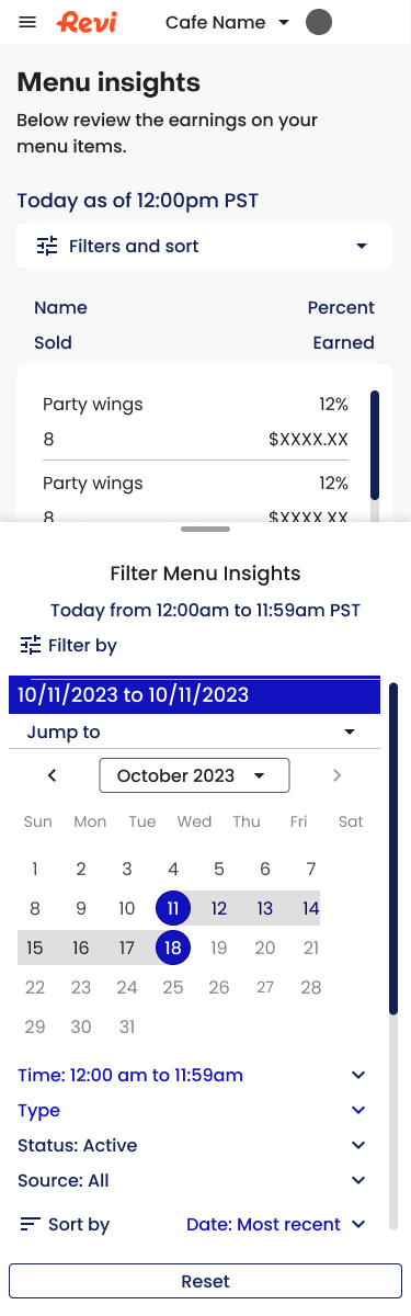 Menu insights filter panel