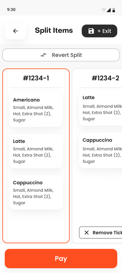 Split items — revert split and pay