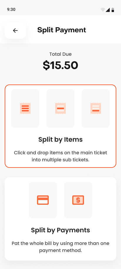 Split payment — choose split by items or split by payments