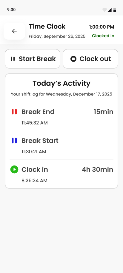 Time clock — active session with break and clock out