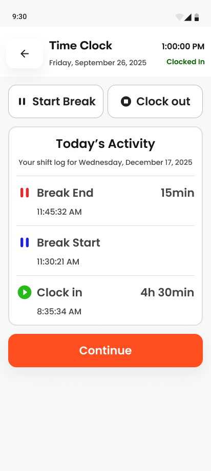 Time clock — confirm clock out with continue button