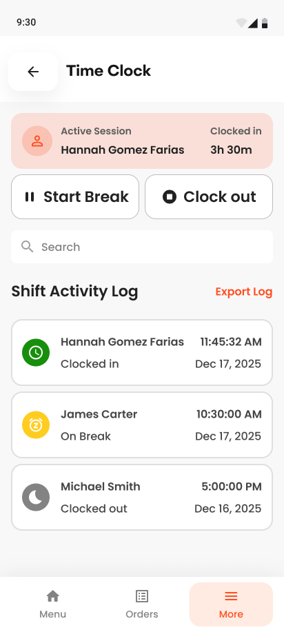 Time clock — manager view with shift activity log
