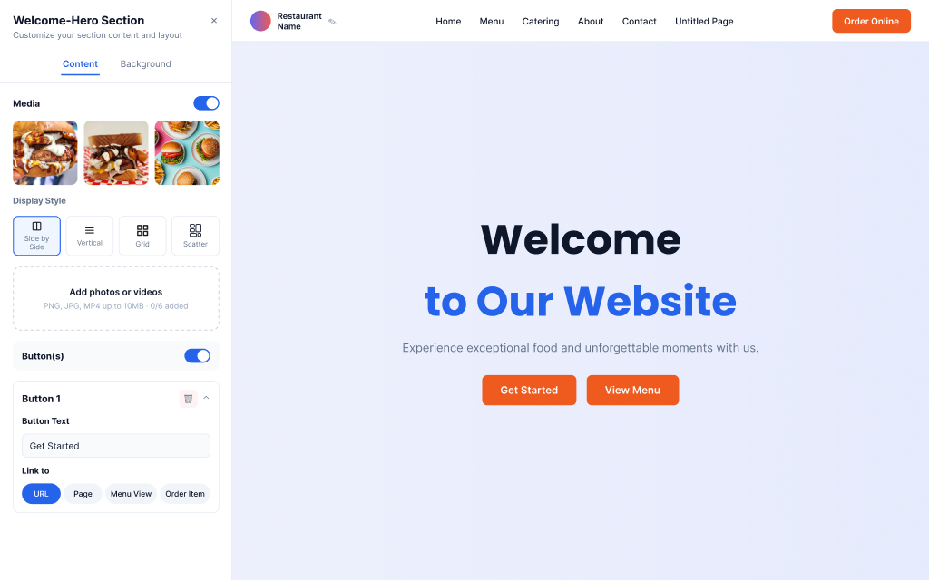 Website builder — media & background panel