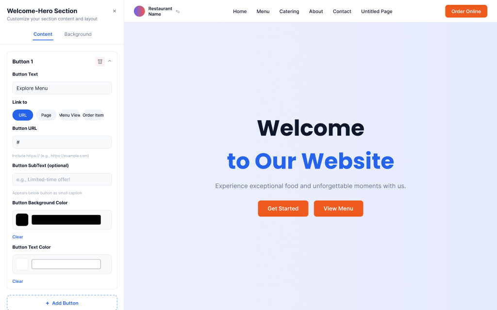 Website builder — button styling panel