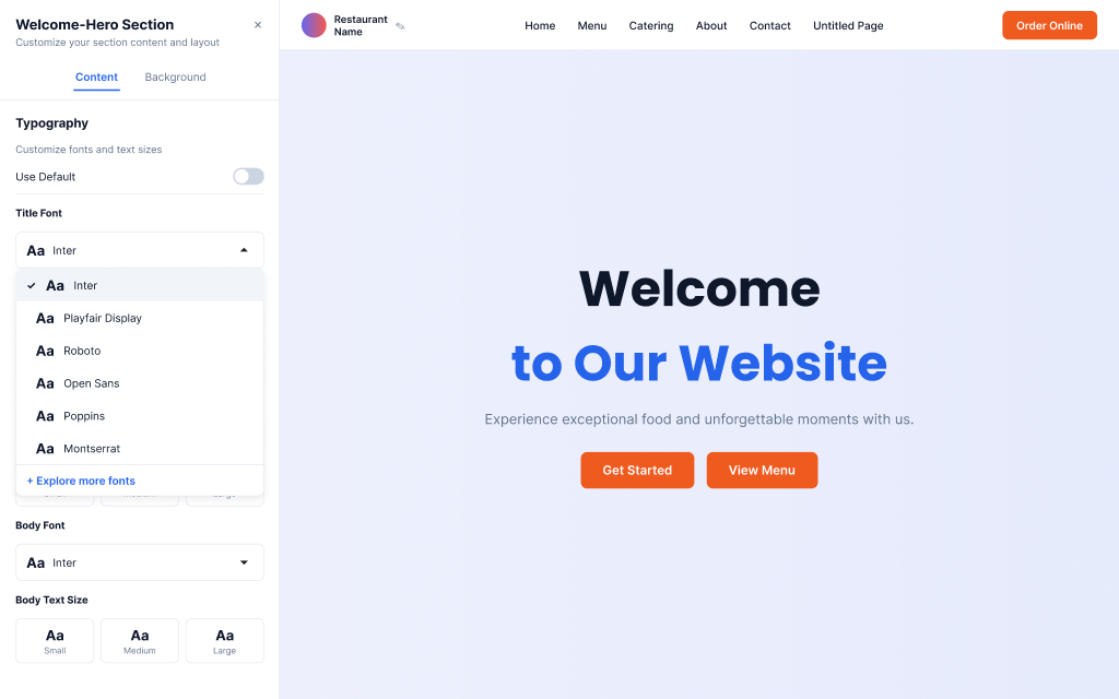 Website builder — font picker open
