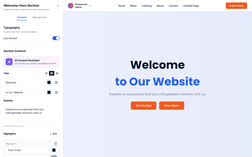 Website builder — typography panel