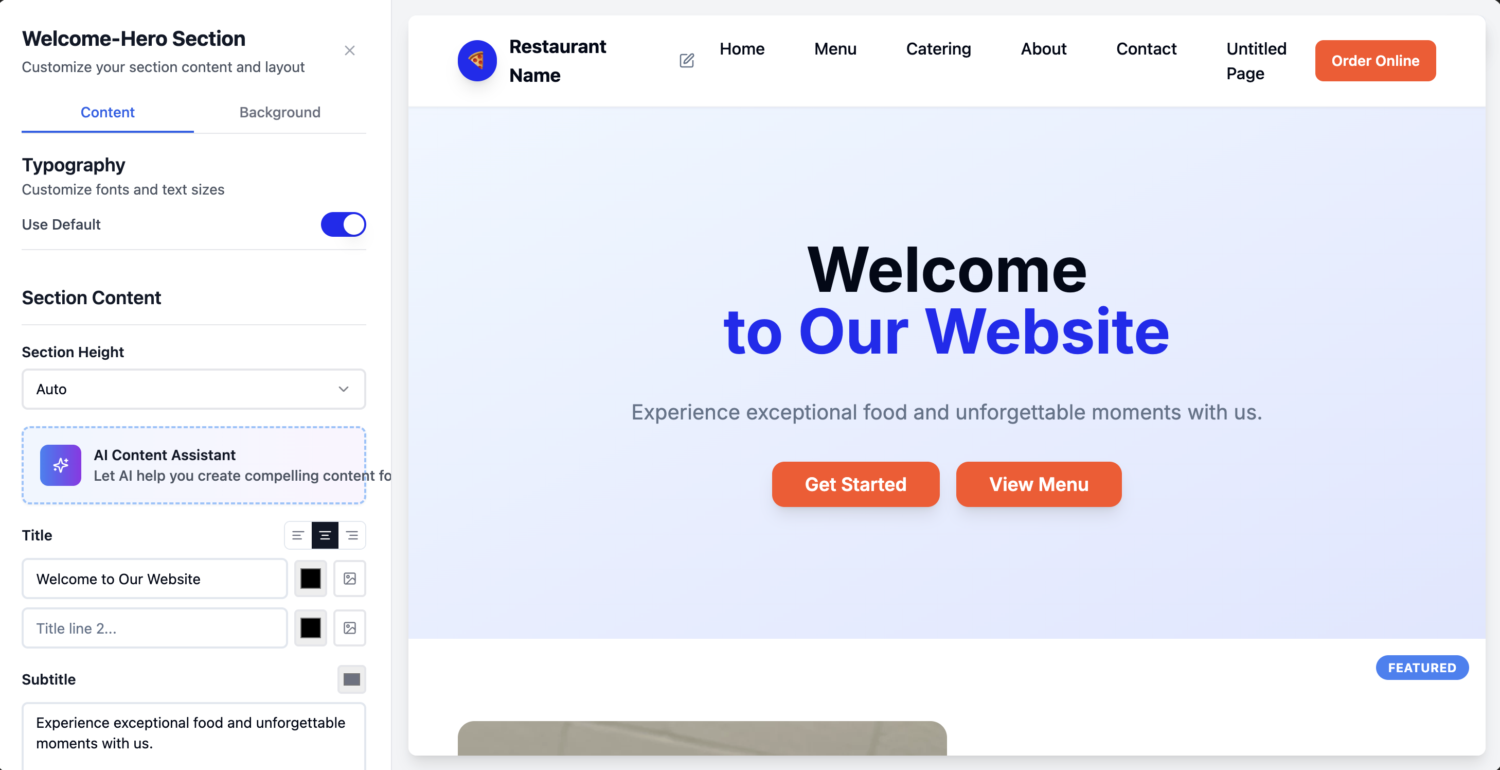 Revi Website Builder — hero section editor with live preview